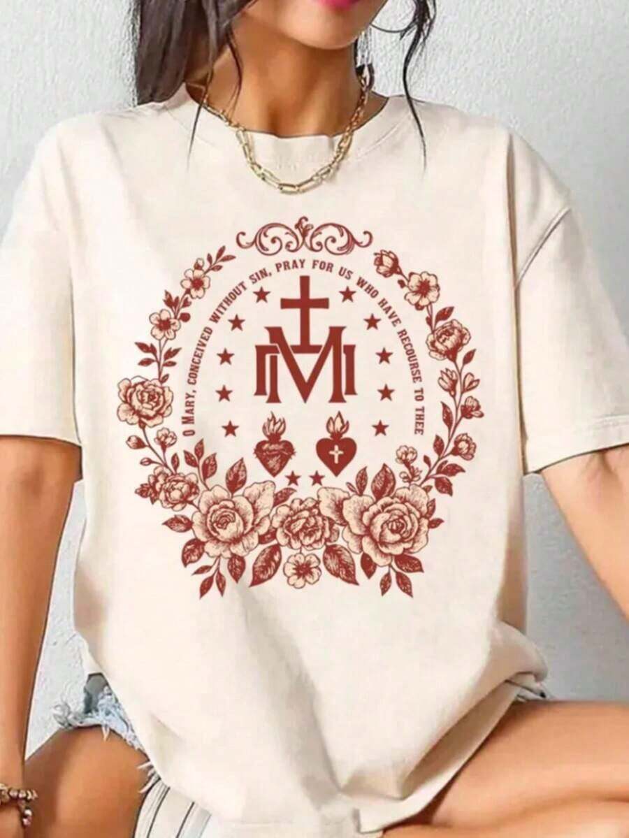 1 Catholic Marian T-Shirt, Catholic Gift, Catholic Marian Religious T-Shirt, Christian Faith Clothing, Floral Religious T-Shirts For Women, T-Shirt With Cross, Cute Summer T-Shirts For Women, Printed Round Neck T-Shirt, Graphic T-Shirts For Women, 180g 100% Cotton, All Designs Are Printed. Unisex. - White006 - 查看 1