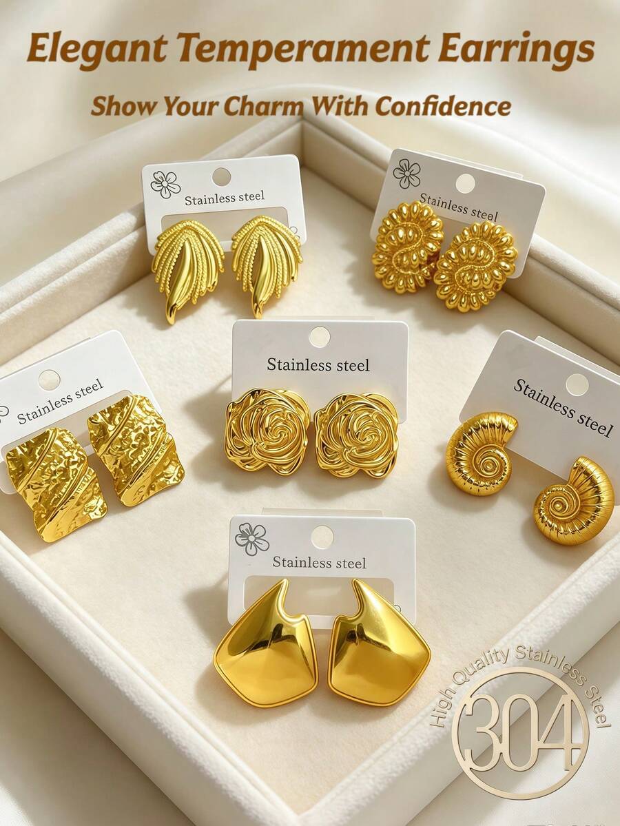 Gold-Plated Lady's Declaration Earrings, A Fashionable And Elegant Set Of Lady's Earrings, Including Flower Earrings, Conch Earrings, Asymmetrical Wave Earrings, Asymmetrical Ring-Shaped Earrings, Rectangular Pleated Earrings And Other Geometric-Shaped Earrings, With Unique Texture Design, Thick Gold-Plated Thick Gold Declaration Earrings - Earring Set - View 1
