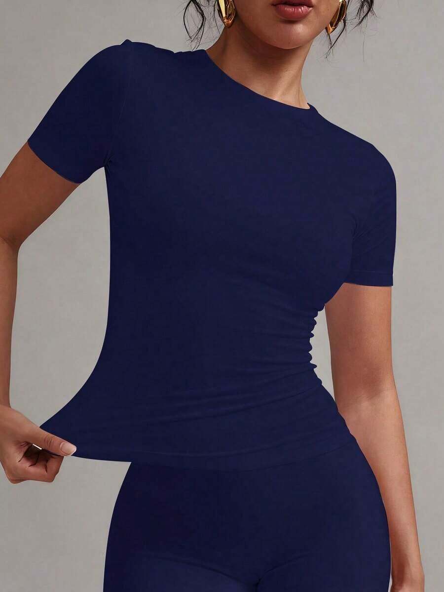 de manga corta y cuello redondo, blanca y sólida, ajustada y deportiva, para mujer, verano, modelo 2025 - azul real - Ver 1
