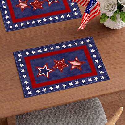 1pc/Set, Star Pattern, 4th Of July Linen Placemat, 30*45cm Seasonal Kitchen Dining Table Decor Mat, American Independence Day Home Decor
