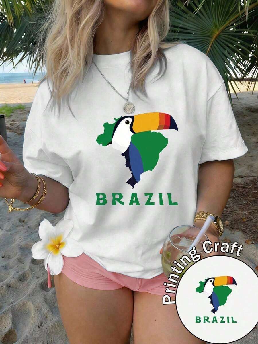 Women's Short-Sleeved Crew Neck T-Shirt, 100% Cotton, Machine Washable, Easy Care, Casual Design With Brazil Map And Giant Toucan Print, Bright Colors, New Style Summer 2026 Top, Suitable For Travel, Daily Wear, Plus Sizes, Vacation, Beach, Festival, Pure Cotton Short Sleeve. - 白色 - 查看 1