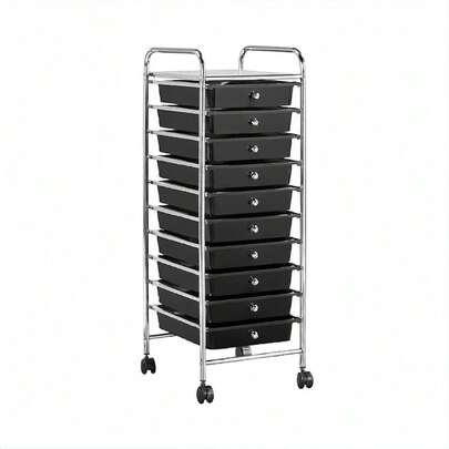 10-Drawer Rolling Cart, Office Storage Organizer, 360° Casters, Black