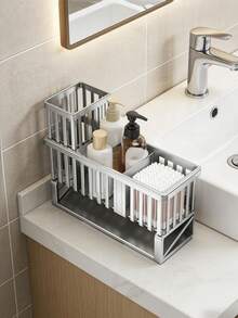 1pc Large Capacity Kitchen Sink Drain Basket - Sink Organizer/Dish Rack, Kitchen Storage Box, Black & Grey, Suitable For Kitchen And Bathroom Organizer Rack - With Automatic Drainage Hole Kitchen Sink, Equipped With Detachable Drain Tray Storage Container; Used For Storing Sponges, Brushes, Dishcloths, Soap, Utensils, Toiletries And Other Kitchen & Bathroom Accessories, Ideal For Kitchen Sink And Bathroom Countertop - Multicolor - View 5