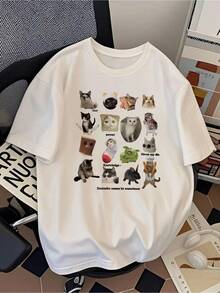 Estampado de gato, corte regular, estilo casual, top moderno lavable a máquina, tela cómoda,  de fin de semana, material ligero, imprescindible para los entusiastas del estilo urbano, camiseta de algodón para uso diario, cómoda y agradable para la piel. - Blanco - Ver 7