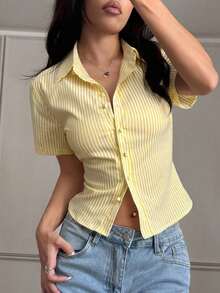 Blusa elegante para oficina con ajuste delgado, de manga corta, a rayas amarillas y blancas, estilo francés, para mujer - Rosa - Ver 11
