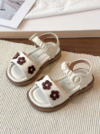 1 Pair 2026 New Girls Floral One-Strap Sandals, Summer Soft Sole Non-Slip Children Princess Shoes, Toddler Magic Tape Beach Shoes