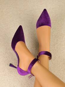Pointed Toe Thin Heel Strap Heels Women, Purple Velvet Elegant High Heels, Versatile For Work And Dating, Soft Sole Non-Fatiguing - Purple - View 2
