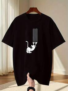 Camiseta Clásica de Tallas Grandes para Hombre y Mujer con Estampado de Gato Jugando con Cuerdas - Manga Corta, Cuello Redondo, Top Casual Cómodo de Verano con Gatito, Lavable aáquina para (Primavera, Verano, Otoño), TALLAS GRANDES, Camiseta de Verano - Negro - Ver 7