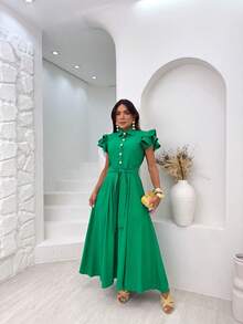 Elegant Long Dress With Puff Sleeves And Front Buttons – Sophisticated Look For Parties And Events - Green Flag - View 1