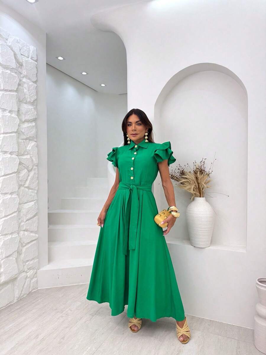 Elegant Long Dress With Puff Sleeves And Front Buttons – Sophisticated Look For Parties And Events - Green Flag - View 1