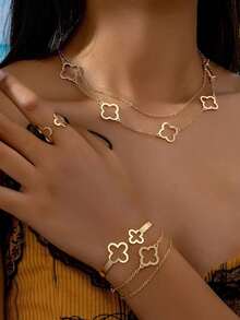 5pcs/Set Elegant Lucky Clover Necklace, Bracelet, Bangle, Ring, Anklet Jewelry Set For Women, Stylish Everyday And Festival Accessory - 黃金 8 - 查看 2