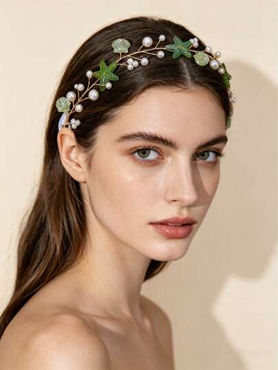 1pc Starfish & Shell Faux Pearl Decorated Beach Headband, Suitable For Outdoor Weddings, Daily Vacations, Beach Photoshoots