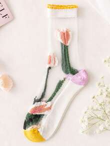 3 Pairs Vintage Floral Pattern Sheer Glass Silk Socks, Sweet & Fashionable, Breathable & Comfortable, Moisture-Wicking, Suitable For Daily Wear, Spring/Summer/Autumn - Multicolor - View 4