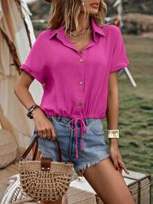 Camisa de verano para mujer, casual, suelta, de un solo botón y unicolor - Rojo violeta - Ver 6