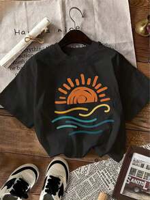 Camiseta con Estampado, Manga Corta, Cuello Redondo, Estilo Casual, Ropa de Primavera/Verano para Mujer - Camiseta Unisex de Algodón, Corte Holgado, Cómoda, Estilo Vintage Urbano - Camiseta Unisex de Algodón, Manga Corta, Cuello Redondo, Estilo Vintage Urbano, 100% algodón puro - Negro - Ver 1