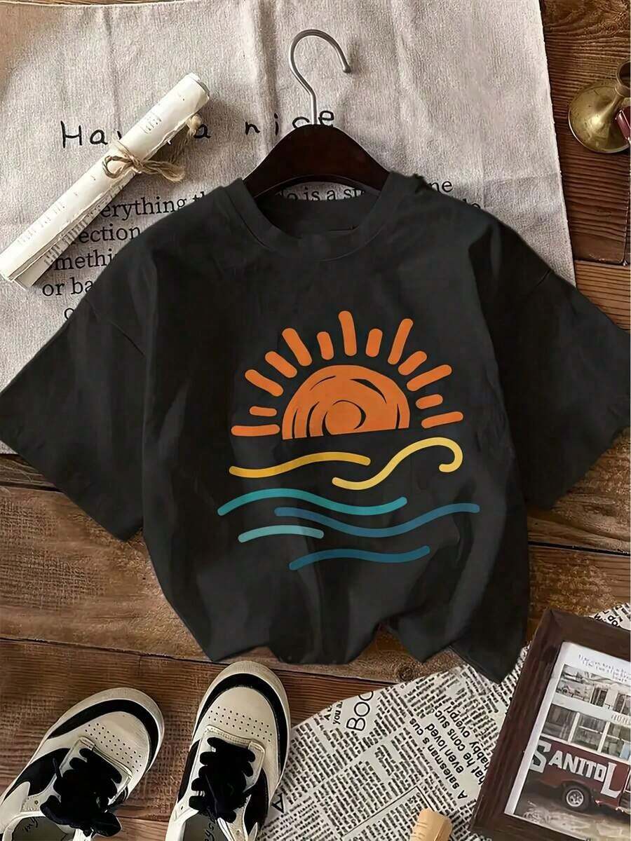 Camiseta con Estampado, Manga Corta, Cuello Redondo, Estilo Casual, Ropa de Primavera/Verano para Mujer - Camiseta Unisex de Algodón, Corte Holgado, Cómoda, Estilo Vintage Urbano - Camiseta Unisex de Algodón, Manga Corta, Cuello Redondo, Estilo Vintage Urbano, 100% algodón puro - Negro - Ver 1