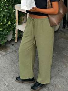 Casual Pleated Texture Pants, Green Drawstring High Waist, Versatile Wide Leg Trousers For Daily, Commute And Holiday - Olive Green - View 3