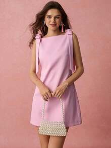 Vestido corto romántico para mujer de primavera y verano con lazo rosa sin mangas, dulce y elegante, adecuado para cumpleaños, fiestas, citas dulces, viajes diarios, vacaciones y temporada de graduación, ropa de verano para mujer, vestido elegante - Rosa - Ver 6