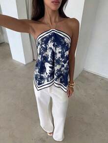 Blusa de mujer elegante con cuello de halter, estampado de tinte anudado y gasa para vacaciones en la playa - Azul marino - Ver 6