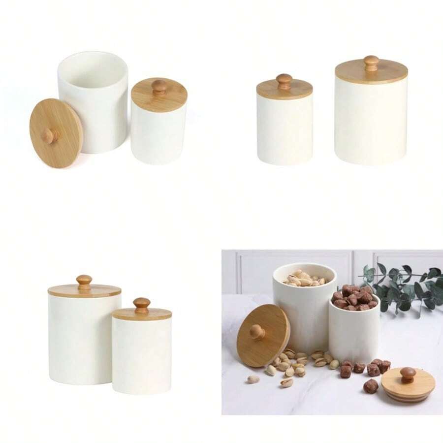 Set de Contenedores de Cerámica con Tapa de Bambú acabado resistente y elegante para cocina o regalo - Blanco - Ver 1