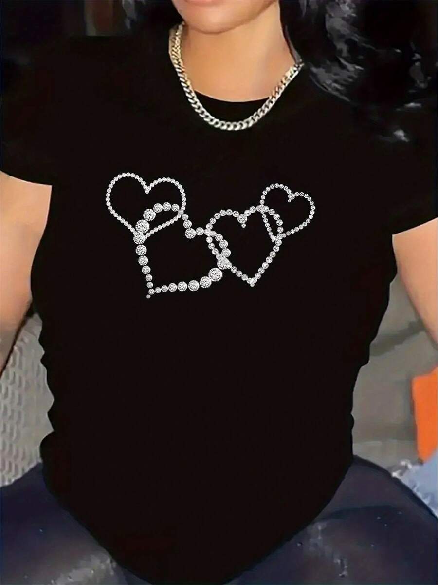 Polyester T-Shirt With Rhinestone Heart Design For Restaurant Use, Lightweight And Durable Fabric, Comfortable Fit, Ideal For Casual Dining And Home Use, Stylish And Fashionable Top For Everyday Women's Outfits. - Black - View 1
