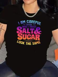 Camiseta de algodón de manga corta para mujer, con estampado de letras coloridas, cuello redondo, estilo deportivo, ropa deportiva para mujer. - Negro - Ver 1