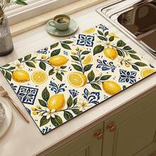 1pc Lemon Pattern Absorbent Drying Mat, Kitchen Decor Coffee Machine Pad, Beverage Coaster, Bowl Dish Drying Mat, Handmade Coffee Pot Drainer, Kitchen Floor Mat, Placemat, Tabletop Dish Drying Pad, Breakfast Mat, Heat-Resistant Anti-Slip Draining Mat, Diatomite Draining Mat, Hides Stains, Super Absorbent Kitchen Mat, Easy To Clean Dish Rack Mat, Suitable For Kitchen, Dining Table, Cafe, Bar, Holidays, Parties, Home Decor, Holiday Gifts - Multicolor - View 5