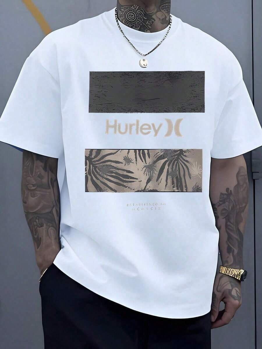 Tropical Vibes And Hurley Lettering T-Shirt, Featuring A Palm Leaf And Floral Design That Evokes A Relaxed Beach Getaway, Making It A Great Addition To Your Casual Wardrobe. 100% Cotton. - 白色 - 查看 1
