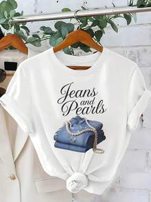 Camiseta de Manga Corta con Estampado de Jeans y Perlas para Mujer Talla Grande - Cuello Redondo, Lavable a Mano, Ajuste Cómodo para Todo el Año, Diseño Divertido, Material No Transparente, Moda Veraniega, Camiseta Transpirable, Prenda Casual, Compra de Moda - Blanco - Ver 2