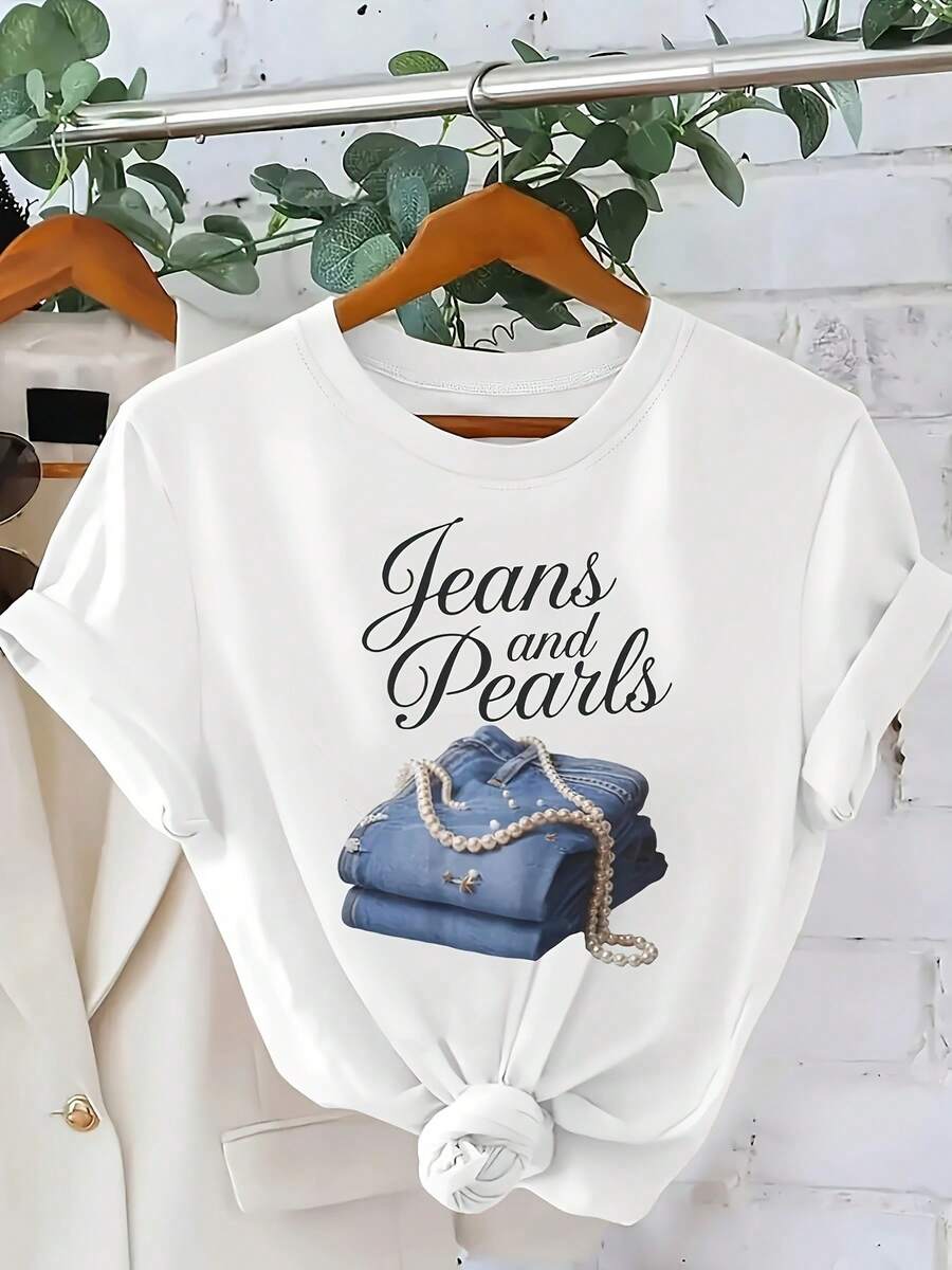 Camiseta de Manga Corta con Estampado de Jeans y Perlas para Mujer Talla Grande - Cuello Redondo, Lavable a Mano, Ajuste Cómodo para Todo el Año, Diseño Divertido, Material No Transparente, Moda Veraniega, Camiseta Transpirable, Prenda Casual, Compra de Moda