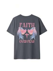 Women's Casual And Loose-Fitting Short-Sleeved T-Shirt With Angel Wings And Cross Print, Suitable For Everyday Wear And Holidays - 深灰色 - 查看 2
