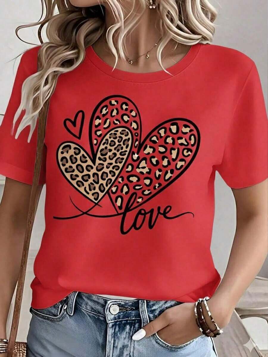 Women's White T-Shirt With Three Leopard Hearts, Short Sleeve T-Shirt With "Love" Slogan, Chic Animal Print Modern Top, Casual Urban Fashion Blouse For Everyday Wear - 灰色 - 查看 1
