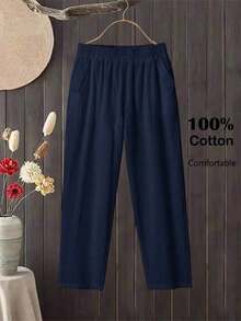 Women's Minimalist Solid-Color Casual Pants - 海軍藍 - 查看 4