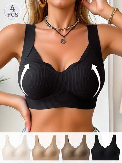 Set de 4 Sujetadores sin costuras con efecto push-up para mujer, cómodos y casuales, tipo bralette, ropa interior tipo top, color nude, estilo básico, sin aros, para yoga y deportes, con borde ondulado ribeteado