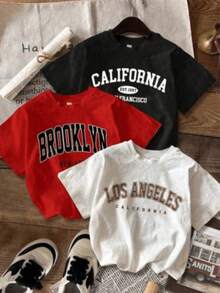 Pack Of Printed T-Shirts. Single Garment, Not A 3-Piece Set. 1 Piece/Set Of Short-Sleeved T-Shirts Suitable For Streetwear. Oversized Crew Neck Top For Daily Outings, Camping, Concerts, Hip-Hop, Rock, And Rap Events. Straight-Cut, Short-Sleeved, Crew Neck T-Shirt For Women. California, San Francisco, Brooklyn, New York, Los Angeles, California Cities - 白色 - 查看 7