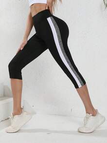 Mallas Capri de cintura alta para mujer, pantalones de Yoga para Fitness, Control de barriga - Negro - Ver 4