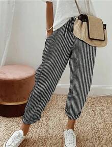 Pantalones informales con cordón de cintura elástica y estampado de rayas holgadas a la moda para mujer transfronteriza europea y americana novedad de verano - Negro - Ver 1
