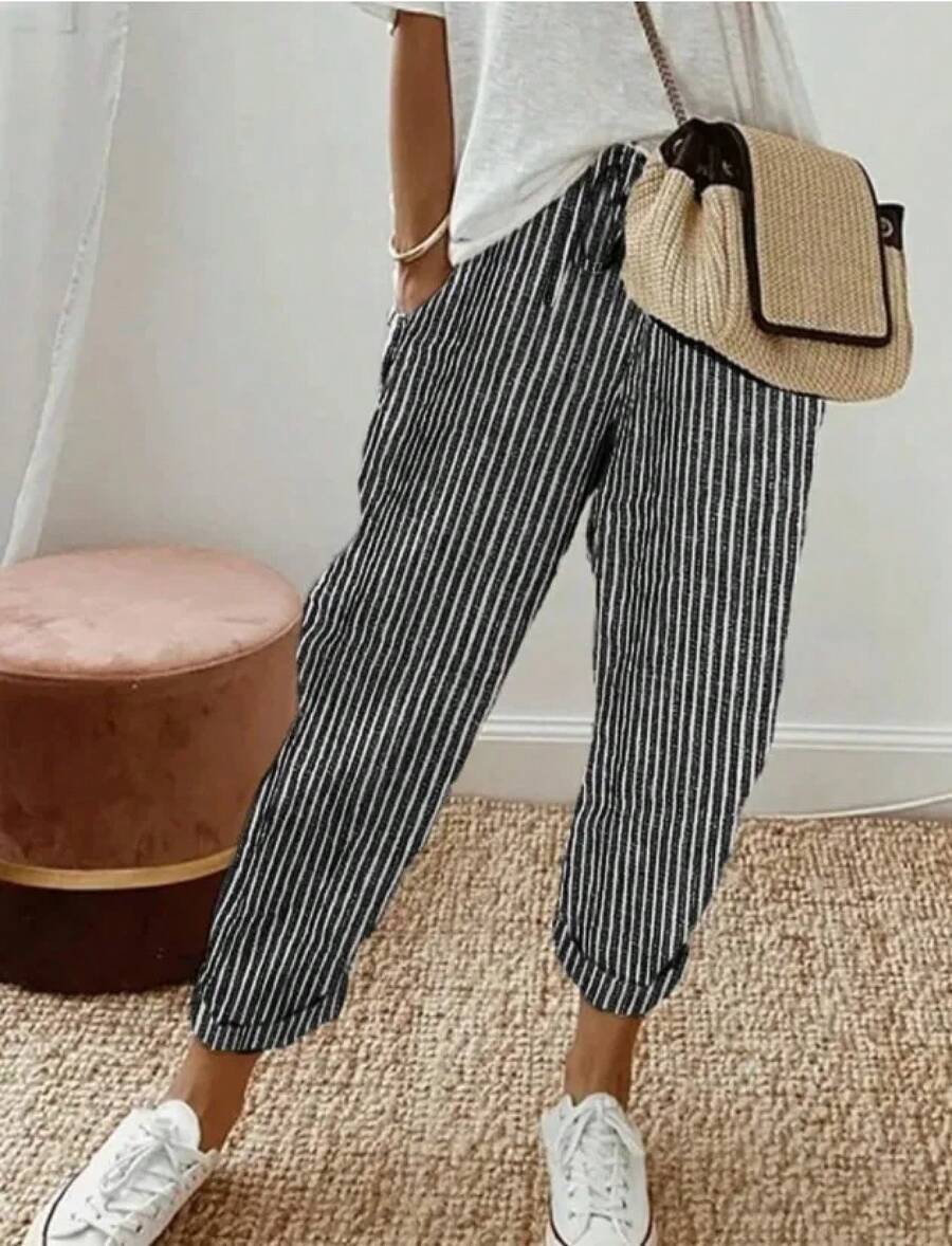 Pantalones informales con cordón de cintura elástica y estampado de rayas holgadas a la moda para mujer transfronteriza europea y americana novedad de verano - Negro - Ver 1