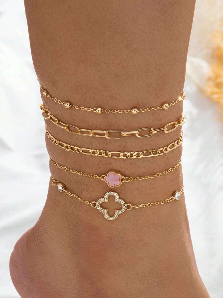 5 pièces Ensemble d'élégants bracelets de cheville de luxe de style vacances à la plage, multicolores, trèfle ajouré et brillant pour femmes (En raison de la découpe artisanale, le nombre de perles peut varier, mais la longueur finale restera la même) - Rose bonbon - Voir 1