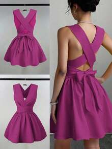 Vestido mini elegante y sexy para invitada de boda con cuello en V cruzado, sin mangas y corte evasé, diseño versátil para conciertos, playa, fiestas, primavera/verano, con bolsillos, vestido de noche con espalda descubierta de color amarillo mantequilla - Morado - Ver 4