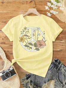 1 pezzo di T-shirt da donna taglie forti con stampa floreale e simbolo della pace, un capo unico per esprimere il senso di pace durante le marce della pace e le uscite artistiche. - Giallo - Visualizzare 3