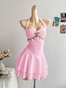 2026  Vestido mini de punto texturizado con cuello en V con volantes, decoración de estrella de mar y concha, hebilla metálica, apropiado para Navidad, cita, discoteca, estilo bohemio, vacaciones, otoño, vintage, fiesta para mujeres - Burdeos - Ver 4