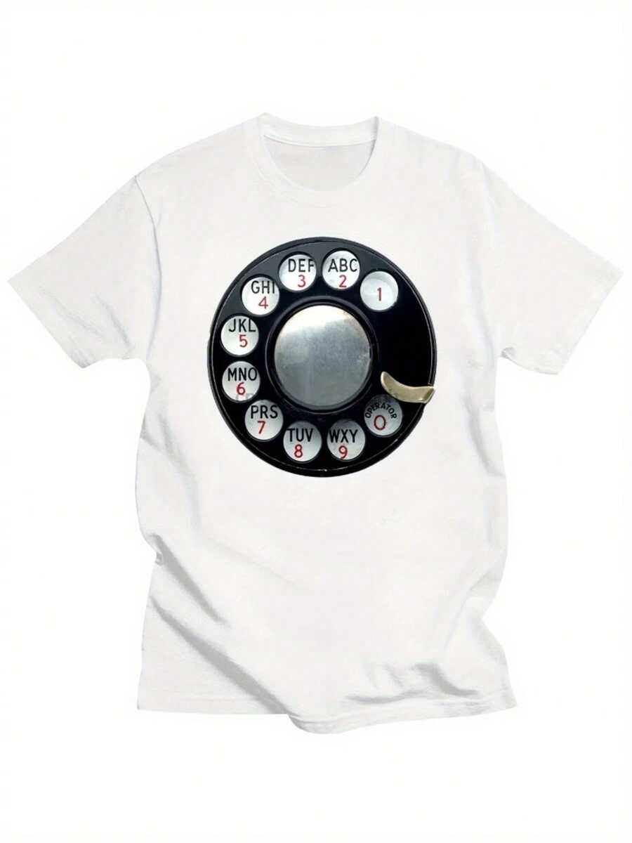 Men's Vintage Rotary Dial Telephone Graphic T-Shirt - Retro Rotary Dial Telephone Design With Numbered Buttons - Soft And Breathable Nostalgic T-Shirt - 白色 - 查看 1