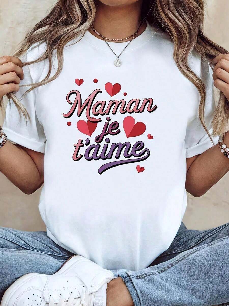 1 pieza de camiseta de verano nueva para mujer 2026, camiseta blanca de manga corta con cuello redondo para damas, estampado de corazón degradado en francés "Mamá, te amo", estilo cálido para padres e hijos, lavable a máquina, adecuada para fiestas de vacaciones, compras informales, manga corta suave, 180g 100% algodón. - Blanco - Ver 1