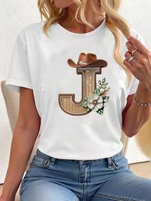 Women's White T-Shirt With Letter J, Western Cowboy Style - Casual Short Sleeve T-Shirt With Hat And Pearl Flower Print, Soft Fashionable Personalized Modern Top - 黑色 - 查看 1