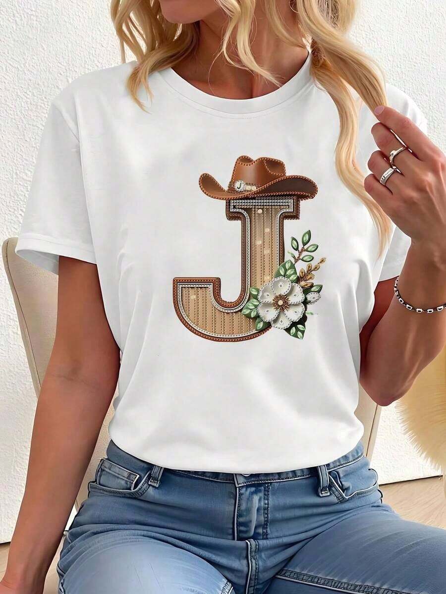 Women's White T-Shirt With Letter J, Western Cowboy Style - Casual Short Sleeve T-Shirt With Hat And Pearl Flower Print, Soft Fashionable Personalized Modern Top - 黑色 - 查看 1