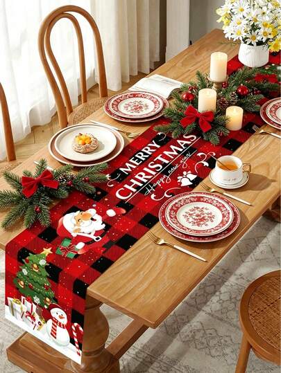 1pc Christmas Table Runner, Red Black Checkered Santa Claus Pattern Table Cover,Christmas Tree Snowman Pattern,Christmas Party Table Cloth,Merry Christmas Tablecloth,Kitchen Decoration Table Runner,Christmas Ornaments,Restaurant Decor,Fireplace Decor,Christmas Party Supplies,Christmas Gifts,Party Favors,Room Decor,2027 New Year Party Decor,Winter Decor,Xmas Decor,Happy New Year Gifts
