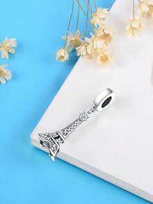 HuooNew 1pc 925 Sterling Silver Eiffel Tower Pendant Charm, Inlaid CZ Crystal, Suitable For Bracelet, Paris Travel Style, Hypoallergenic Jewelry - Silver - View 3