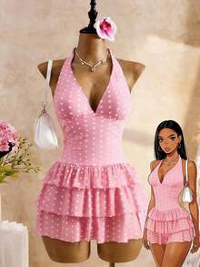 Bellisia Traje de baño con falda para mujer con estampado de puntos blancos sobre fondo negro, diseño de escote profundo en V con cuello de halter y espalda descubierta, con volantes de 3 niveles en el bajo, de gasa para playa, vacaciones o en la piscina - Rosa - Ver 4
