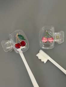 Pink Crystal Cherry And Green Crystal Cherry Toothbrush Holder, Cute Design Travel And Home Storage Organizer With Transparent Lid, Compact Portable Design Easy To Carry, Protects Toothbrush Head, With Dual Drainage And Ventilation Function, Suitable For Home, Dorm And Outdoor Use | Cute Toothbrush Head Storage Rack, Suitable For Bathroom Organization, Suitable For Home, Dorm Use - 1 - View 4